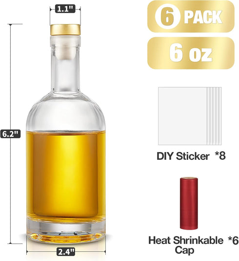 Set 6 6 oz, Mfacoy of Clear Glass Bottles, Reusable, T-Top Cap, Perfect for Wine, Oil, Vinegar, Kombucha, Beer, Water