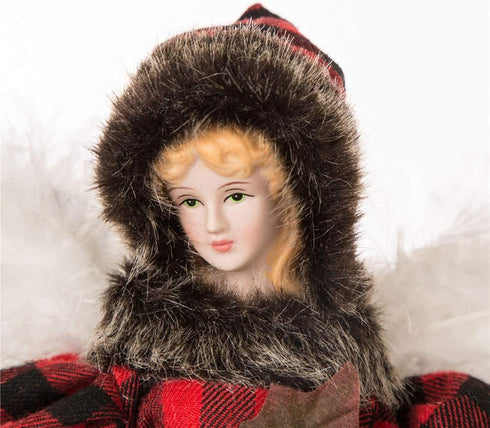 Glitzhome Handmade Plaid Angel Figurine Christmas Treetop Ornament, 12" H, Red & Black