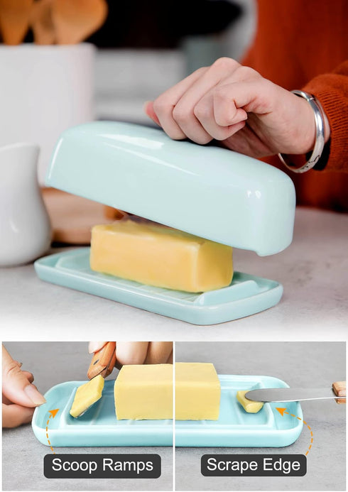 Nucookery Ceramic Butter Dish with Lid | Raised Legs and Non-Slip Strip Design | Porcelain Health | Dishwasher Safe