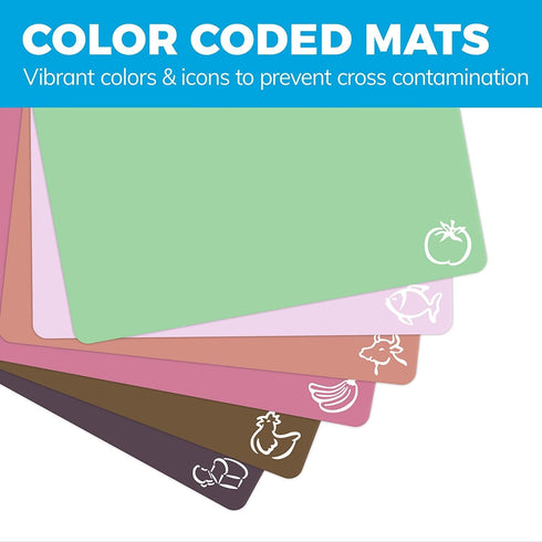 Extra Thick Flexible Plastic Cutting Board Mats, Set of 6, Dishwasher Safe, EZ-Grip Waffle Back, Food Icons