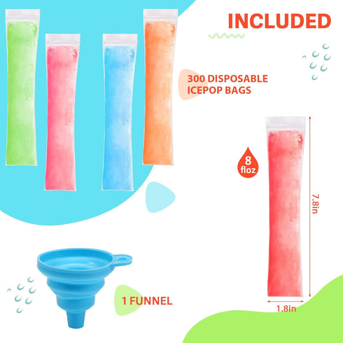 Amintiri 300 Summer (300, Disposable Ice Popsicle Mold Bags, BPA-Free Freezer Tube, Popsicle Mold bags with Zip