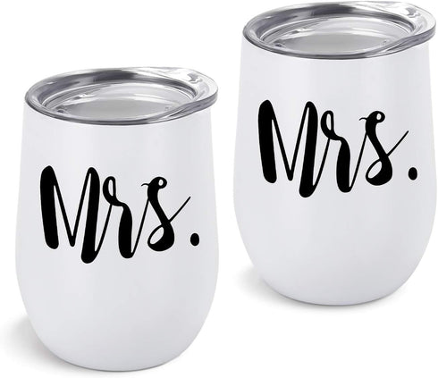 GINGPROUS 2 Pack Mrs and Mrs Wine Tumbler Set, 12 Oz Insulated Stainless Steel Wine Tumblers with Lid, Lesbian Couple