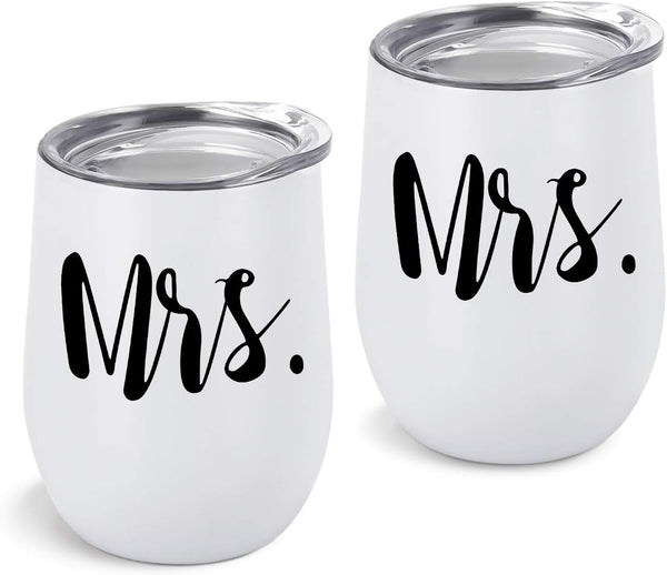 GINGPROUS 2 Pack Mrs and Mrs Wine Tumbler Set, 12 Oz Insulated Stainless Steel Wine Tumblers with Lid, Lesbian Couple
