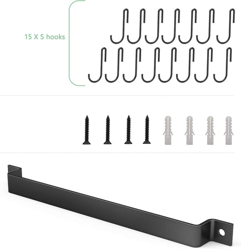 Kitchen Rail with 15 Hooks, 16 Inch Wall Mounted Hanging Utensil Rack for Kitchen, Black