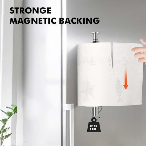 Magnetic Paper Towel Holder, One Hand Operable Paper Towel Holder Wall Mount with Strong Magnetic Backing and Self-Adhesive for Kitchen Refrigerator RVs Grill Garage(Silver)