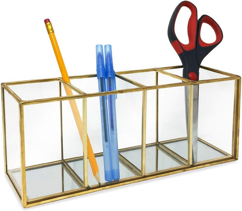 Isaac Jacobs Vintage Style Brass and Glass 4-Compartment Organizer - Makeup Brush Holder with Mirror Base (Antique Gold)