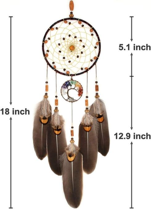 Urdeoms Tree of Life Dream Catchers for Bedroom, Adult Brown Boho Wall Decor for Girls, Chakra Crystal Healing Stones,