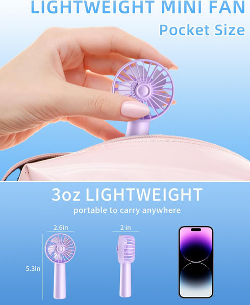 Mini Portable Fan, Small Handheld USB Rechargeable Fan with 3 Speeds, Battery Operated Personal Fan for Travel Office