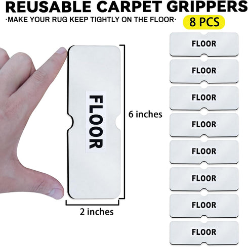 Rug Carpet Non Slip Grippers, Reusable and Washable Double Sided Carpet Tape Pads, Strong Adhesive Grippers for Area Rugs, Keep Corners Flat, No Damaging for Floor Removable, 8Pcs