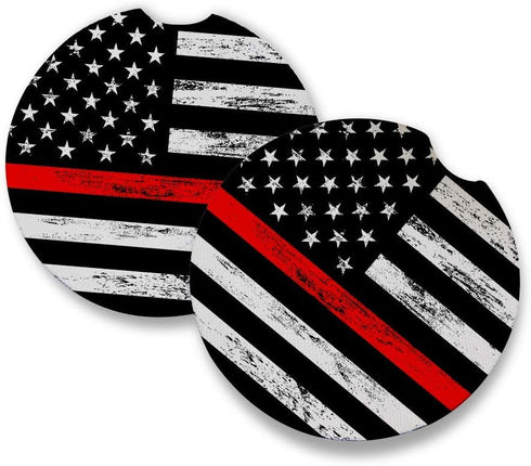 Set of 2 Thin Red Line Car Coasters for Drinks | Absorbent Coasters with Rubber Backing, 2.56 inches