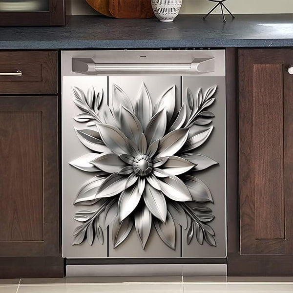 Stainless Steel Flower Magnetic Dishwasher Cover, Decorative Metal Art Style Kitchen Appliance Sticker, 23"x26"