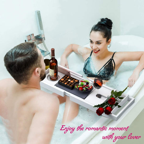 Luxury Bath Bathtub Caddy Tray - Expandable Bamboo Waterproof Over Tub Table with Wine, Book Holder & Free Soap Dish