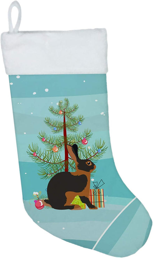Caroline's Treasures BB9330CS Tan Rabbit Christmas Stocking, Teal Fireplace Hanging Stockings for Holiday Decor