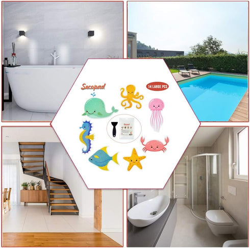 Non Slip Bathtub Stickers, 14 PCS Large Sea Adhesive Anti Slip Decal Treads for Shower and Bath Tub with Premium Scraper