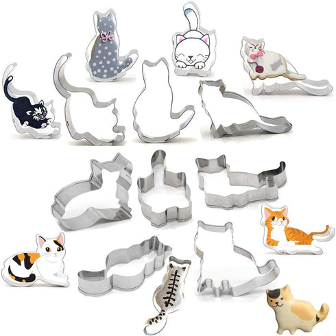 8 PCS Cat Cookie Cutter Set, Stainless Steel Cat Shapes, Candy Food Molds