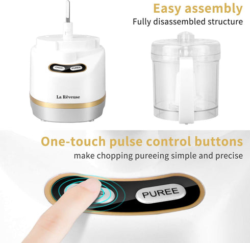 La Reveuse Electric Mini Food Processor, Small Chopper, 200 Watts, 2-Cup Prep Bowl for Mincing, Chopping, Grinding,