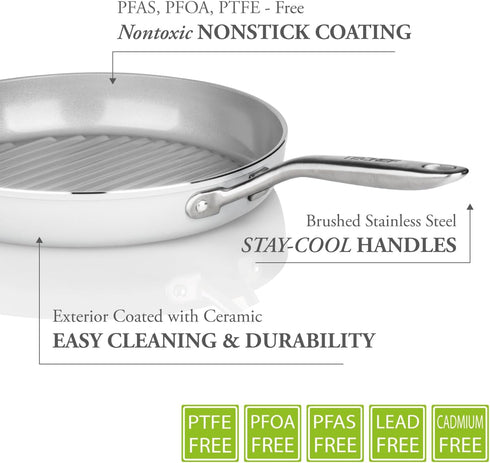 TECHEF CeraTerra Collection, 12" Ceramic Nonstick Grill Pan, PTFE, PFAS, and PFOA Free, Made in Korea