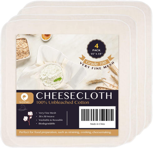 4 Pack Precut Cheesecloth, 15 x 15'' Grade 100, Ultra Fine Unbleached Cotton for Straining & Cooking