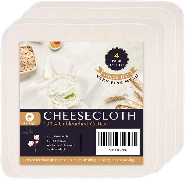 4 Pack Precut Cheesecloth, 15 x 15'' Grade 100, Ultra Fine Unbleached Cotton for Straining & Cooking