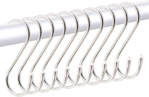 Premium 10-Pack Larger Round S Shaped Hooks, Polished Stainless Steel, Hangers for Kitchen, Bathroom, Garden