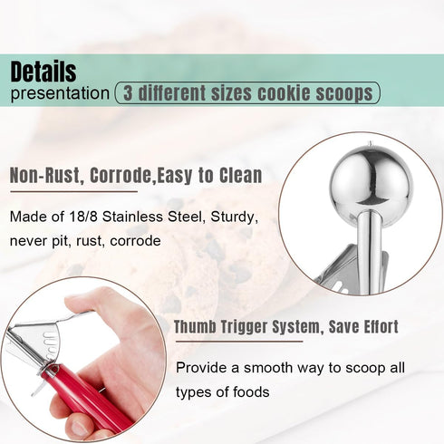 Set, Set, 18/8 Saebye Cookie Scoop Ice Cream Scoop Cookie Scoops for Baking, Multiple Size Large-Medium-Small Size