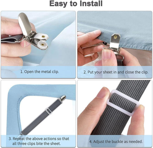 Sopito 4pcs Adjustable Elastic Sheet Fasteners to Keep Sheets in Place, Heavy Duty Non Slip Bed Cover Grippers Clips