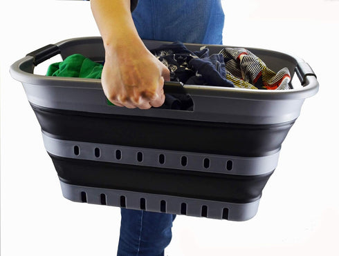 SAMMART 30L (8 Gallon) Collapsible Plastic Laundry Basket - Foldable Pop Up Storage Container (Grey/Black)