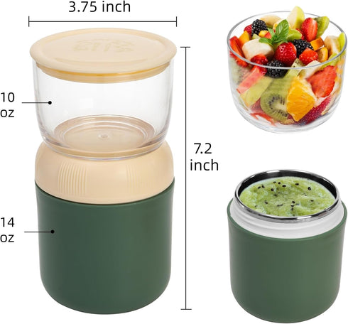 2 Pack 24oz 2-in-1 Eorbow Insulated Yogurt Container, Breakfast On the Go Cup with Plastic Topping Cereal Oatmeal Cup