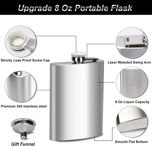 8 Oz Leakproof Stainless Steel Flask for Men, Ideal for Camping and Gifting, Includes Funnel