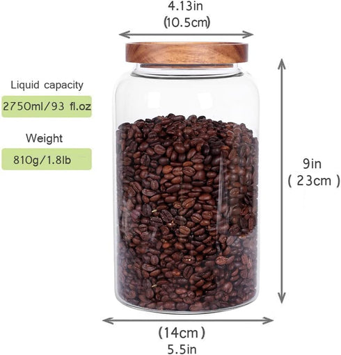 Large Glass Food Canisters, 93 FL OZ Kitchen Storage Container with Airtight Wooden Lids