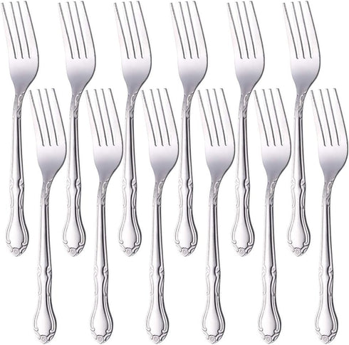 12-Piece Stainless Steel Dinner Fork Set, 7.3-inch Classic Flatware Silverware with Flower Edge - Silver