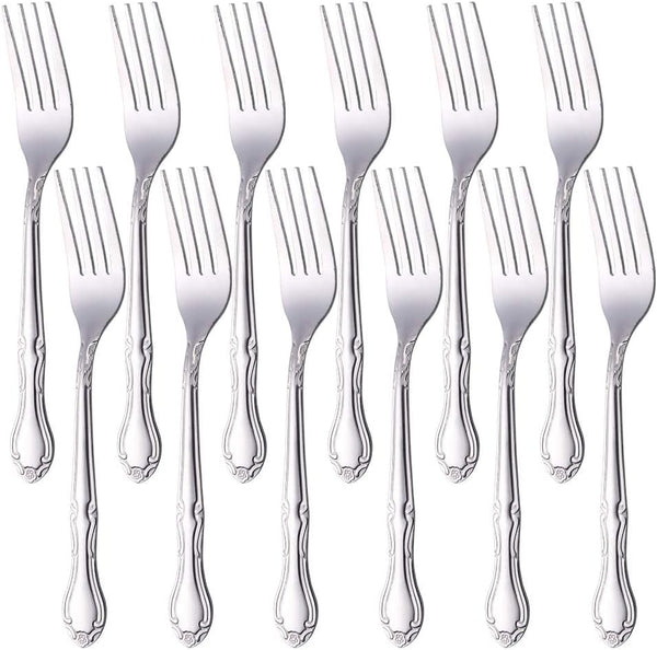 12-Piece Stainless Steel Dinner Fork Set, 7.3-inch Classic Flatware Silverware with Flower Edge - Silver
