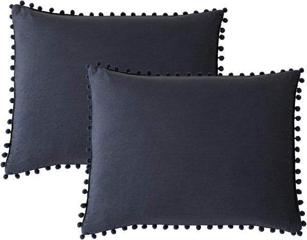 Navy Blue Pom Poms Pillowcases - Dark Blue Standard Queen 20x30 Inches Set of 2, 100% Washed Microfiber