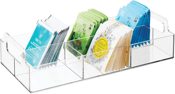mDesign Compact Plastic Tea Storage Organizer Caddy - 6 Divided Sections with Built-in Handles - Clear Lumiere