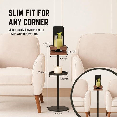 Drink Table for Small Spaces - Slim Pedestal Side Table with Real Wood Top & Stable Base for Coffee & Cocktails - Ideal