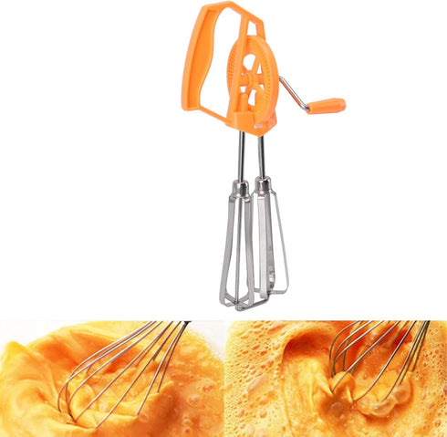 Classic Hand Crank 18/10 Stainless Steel Churner - Dual Head Design, Manual Hand Mixer for Home Cooking (Orange)