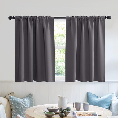 RYB HOME Short Blackout Curtains for Kitchen, Solid Half Window Treatment, 2 Panel Set, Grey, W42 x L30 inches