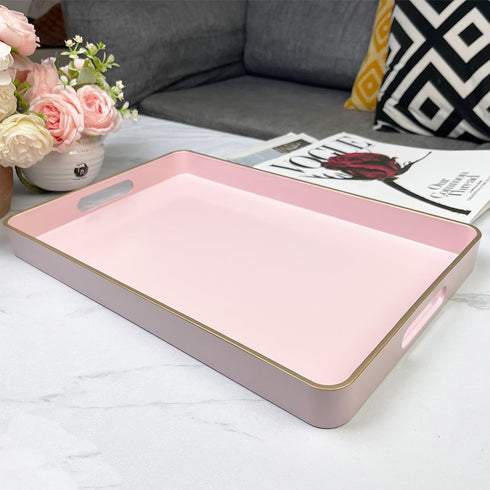 15.7"*10.2" Pink Coffee Table Tray, Decorative Serving Tray with Handles, Plastic Rectangular Tray for Ottoman
