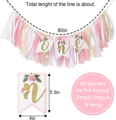Agkvw 1st 1st Pink and Gold High Chair Banner- Floral and Butterfly One Highchair Banner, Birthday Party Decoration