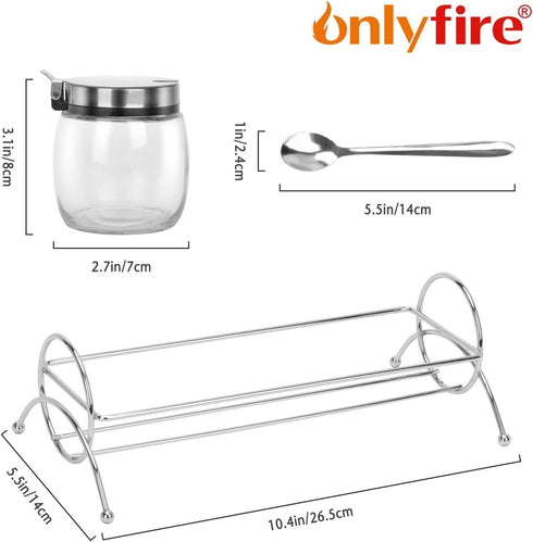 only fire Condiment Jar Spice Container with Lids, Stainless Steel Serving Spoons, Base Rack and Labels - Glass Seasoning Bottles Kitchen Accessories | Set of 3