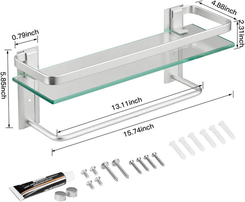 VOLPONE Glass Shelf with Towel Bar 15.7in, Silver Bathroom Wall Mount Organizer, Rustproof 1 Tier