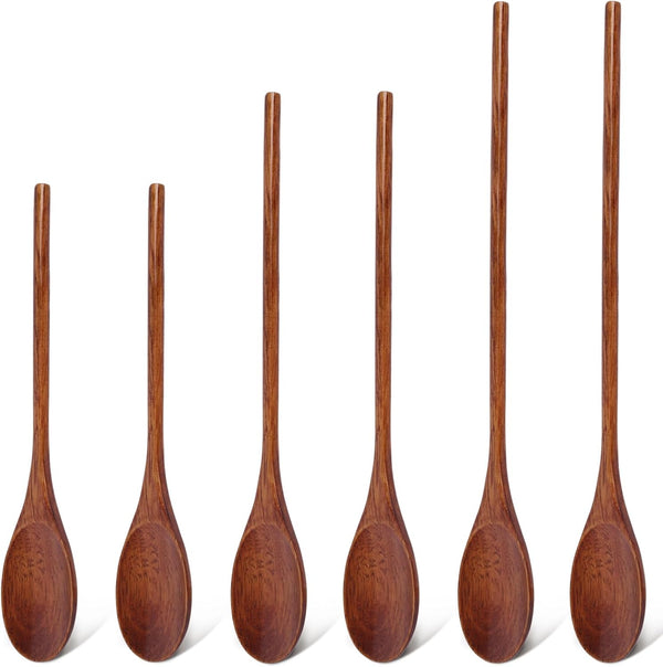 HANSGO 6PCS Long Handle Wooden Spoons - 10/12/14 Inch Japanese Style Cooking Utensil for Serving