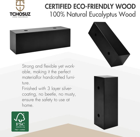 TCHOSUZ 2 Inch 4 Pack Solid Wood Furniture Legs, Black Block Corner Legs - I-Shaped Sofa Feet & Bed Risers for Couch