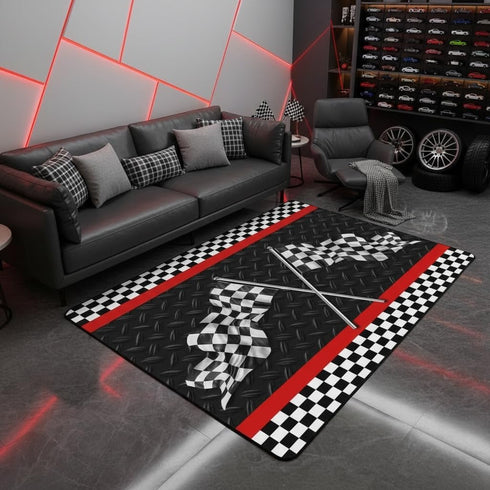 Race Car Play Mat 4'11" x 3'3" for Boys Bedside,Black White Grid