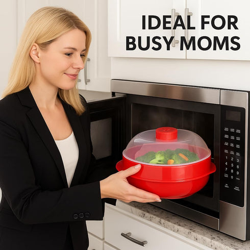 Microwave Steamer for Vegetables, Fish, Poultry & Rice – BPA-Free Cooking Container, Red, Dishwasher Safe
