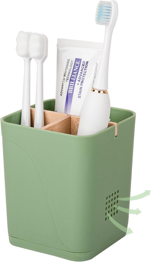 Electric Toothbrush Holder with 3 Slots and Bamboo Dividers, Plastic Organizer for Bathroom Countertop, Green