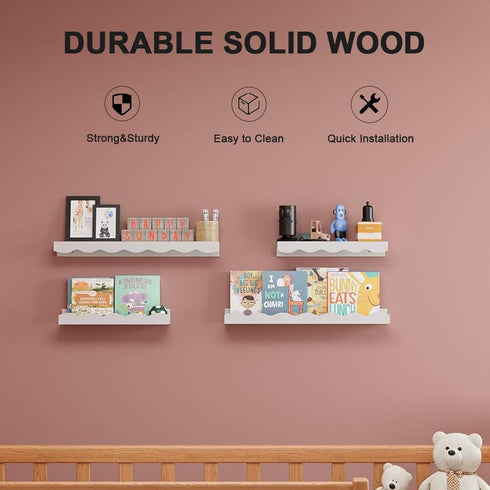 LUANTIANPAI Set 2 16 Inch Nursery Book Shelves Scalloped Floating Shelves of White Wall Shelves for Kids Baby Room Wood