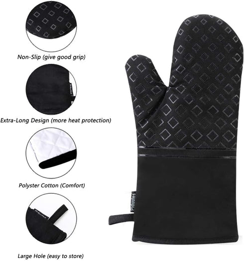 Set of 4 Black Oven Mitts and Pot Holders, 482 F Heat Resistant Non-Slip Gloves for BBQ, Grill, Baking, Cooking, Oven,