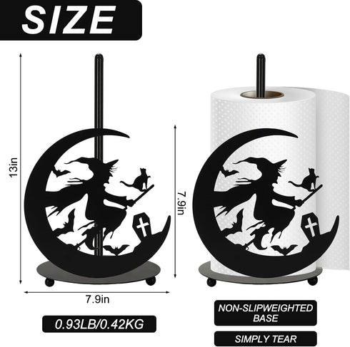 Halloween Paper Towel Holder Black Witch Kitchen Decor Accessories for Home Bathroom, Large Metal Towel Holder Stand for Countertop