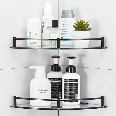 9.5" 2 Bathroom Corner Shower Caddy, Tempered Glass Bathroom Shelves Wall Mounted, Tier Clear Shower Caddy Organizer